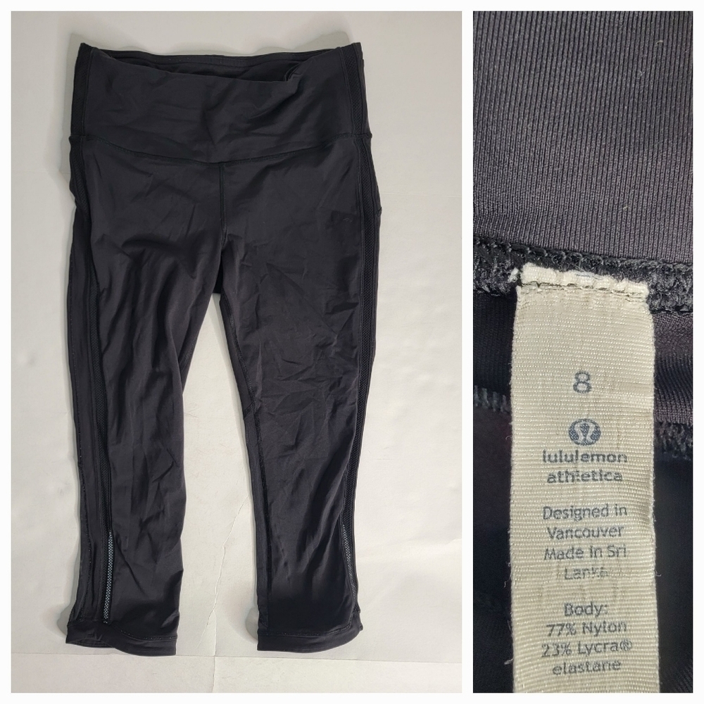 Lululemon Crop Leggings Sz 8 Black Hit It High Rise Mesh 21" T60416